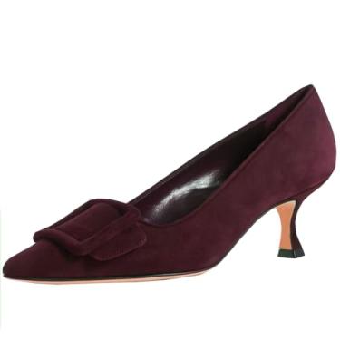 Imagem de Divanne Sapato feminino de camurça, salto gatinho, fivela, bico fino, salto baixo, sapato social, Camurça bordô, 37