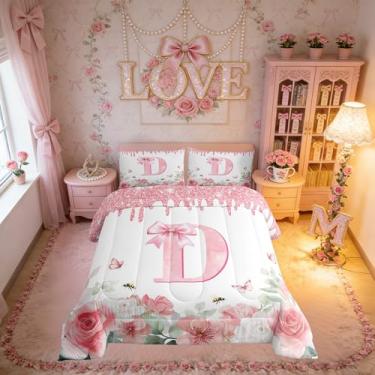 Imagem de Erosebridal Conjunto de cama para meninas com letra D completo, estilo princesa, conjunto de edredom com laço monograma, laço infantil, rosa, design de alfabeto, edredom para todas as estações, 3