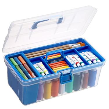 Imagem de JUXYES Caixa de armazenamento de garrafa de tinta de plástico transparente para artesanato com bandeja dividida e copo de limpeza, estojo organizador de tinta acrílica portátil com tampa