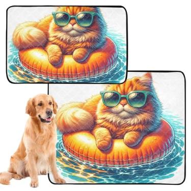 Imagem de Almofadas de xixi engraçadas de gatos fofos para cães, lavável, reutilizável, tapete impermeável para gaiolas de cachorro, tapete absorvente, médio + grande, conjunto de 2