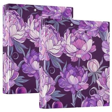 Imagem de Fichários de três anéis roxos com flores de peônia 3 cm comporta 200 folhas fofas pastas de portfólio floral anel redondo fichário resistente, 31,5 x 27 x 6 cm, 1 pacote