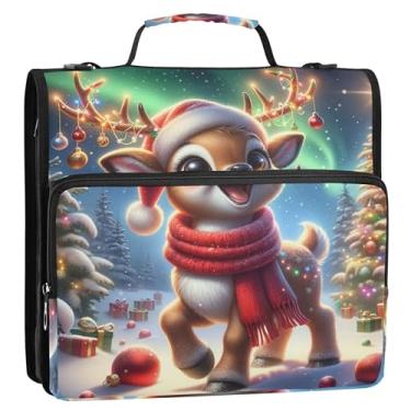 Imagem de Fichários fofos de Natal de rena de 3 cm com 3 anéis, fichário organizador de zíper resistente com alça de ombro para armazenamento escolar e negócios, estojo com alça