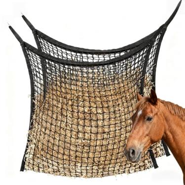 Imagem de ETOFIXEE 2 pacotes de bolsa de rede de feno para cavalos, 83 cm, capacidade extra grande, design de alimentação lenta, malha de nylon preta (quadrada),