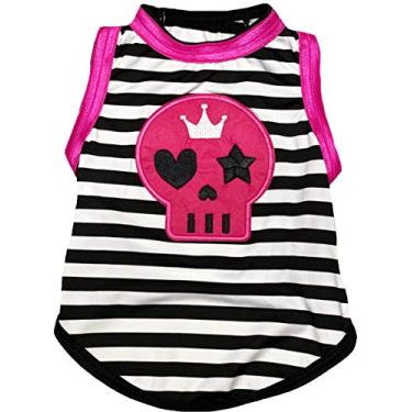 Imagem de Petitebella Camiseta rosa choque caveira rosto cachorro filhote (listras brancas pretas, grande)