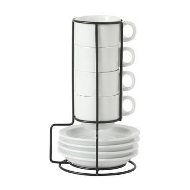 Imagem de Gibson Home Conjunto de 4 xícaras de café expresso Gracious Dining 85 g, pequenas xícaras de café empilháveis com 4 pires, suporte de metal, canecas de cerâmica Demitasse, acessórios de café expresso