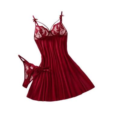 Imagem de Camisola Bordada Vermelha Vinho Para Mulheres Elegante Confortável Com