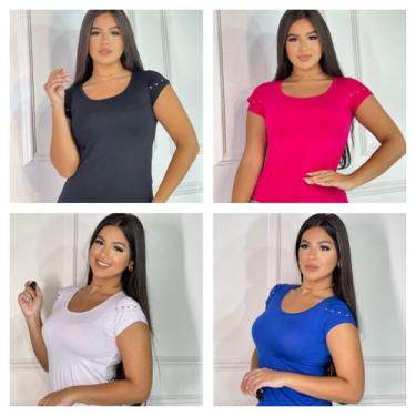 Imagem de kit 4 Blusas feminina básica t-shirt detalhe na manga - GK Toda Bela, 