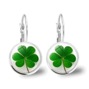 Imagem de Brinco feminino de trevo de quatro folhas para o dia de São Patrício, simples, gota da sorte, delicado, pequeno, pingente de argola, trevo irlandês, trevo verde, flores, acessórios para festivais