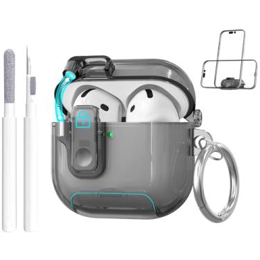 Imagem de Capa transparente para Apple AirPods 4 2024 com trava de segurança, capa de TPU macio com suporte de telefone e kit de limpeza, chaveiro fofo para mulheres e meninas, preto transparente