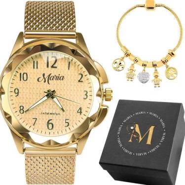 Imagem de Kit Feminino Relógio Analógico Dourado Aço Inox com Pulseira Silicone 