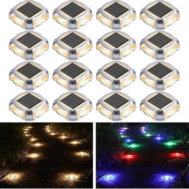 Imagem de AGPTEK Luzes de metal multicoloridas em 1 solar para entrada de automóveis ao ar livre, pacote com 16, doca de deck RGB de alumínio, marinha, LED, movida a energia solar, à prova d'água, marcador