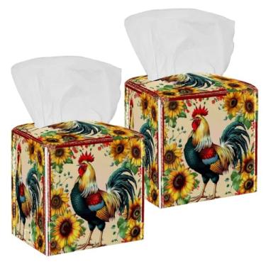 Imagem de Caixa de lenços de girassóis galo capa quadrada de couro organizador de papel facial decorativo para mesas, mesas, banheiro, cozinha, carro, escritório, decoração de casa