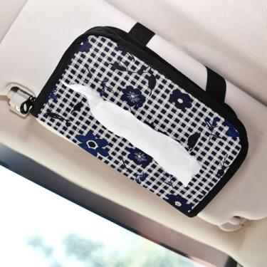 Imagem de SEHANY Lindo porta-lenços de papel de carro com flores azuis, caixa de lenços para carro, viseira solar, porta-guardanapos, dispensador de máscara de carro retangular, caixa de lenços de papel de