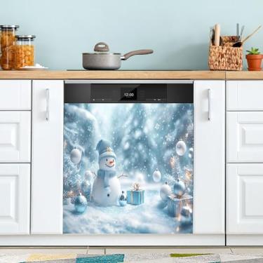 Imagem de xigua Linda capa magnética de boneco de neve de Natal, adesivos magnéticos decorativos antiarranhões para painel de geladeira e lava-louças, decoração personalizada de cozinha doméstica 58 x 66 cm