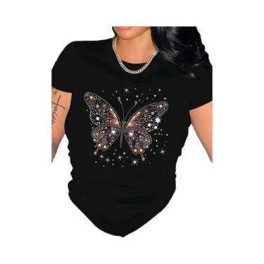 Imagem de Camiseta Casual Feminina Com Estampa De Borboleta, Decote Redondo, Man