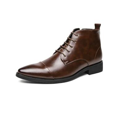 Imagem de Botas Chukka masculinas de salto baixo com cadarço formal de couro PU bico redondo Chelsea botas até o tornozelo entre casual e elegante, Marrom, 43