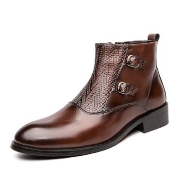 Imagem de Botas Chelsea Chelsea com zíper lateral, elegante e confortável, de couro sintético no tornozelo, vestido formal com design de fivela, Marrom, 39 BR