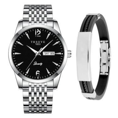 Imagem de Relógio Masculino De Luxo Prata Analógico Casual + Pulseira-Masculino