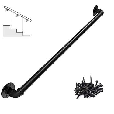 Imagem de AkosOL Corrimão de escada - kit completo, corrimão de tubo preto industrial de escada com suporte de parede, casa contra a parede, grades internas e externas para idosos, 2,7 m