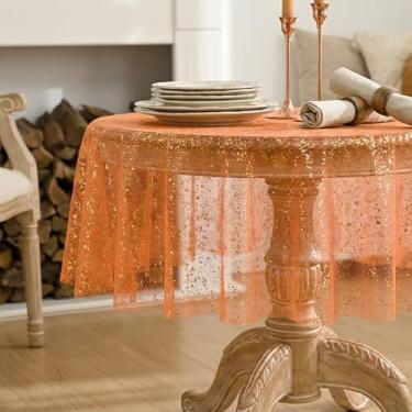 Imagem de Horaldaily Toalha de mesa de gaze dourada laranja redonda 152 x 152 cm, folha metálica com glitter de lantejoulas laranja, gaze de tule transparente para casamento, chá de bebê, cerimônia de