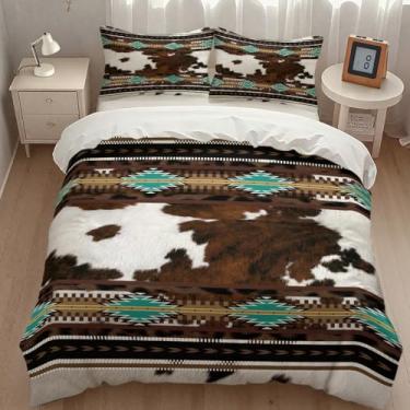 Imagem de Lnepty Conjunto de edredom de couro bovino, estampa de pele de vaca asteca retrô geométrica asteca para decoração de cama de quarto, solteiro 218 cm x 178 cm