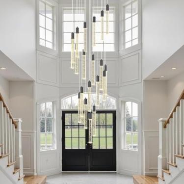 Imagem de Lustre de cristal grande em espiral com luminária pendente LED em formato de bolha de cristal K9, barra de luz longa, iluminação moderna para tetos altos, luminária redonda regulável para en