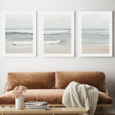 Imagem de 3 peças de arte de parede oceano praia impressões minimalistas imagens do oceano pintura de parede em tela para sala de estar, casa, quarto, decoração costeira com moldura interna