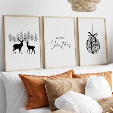 Imagem de 3 peças de impressão de arte de parede Feliz Natal preto e branco imagens de Natal pintura de parede em tela de Natal para decoração de quarto de casa de Natal com moldura interna