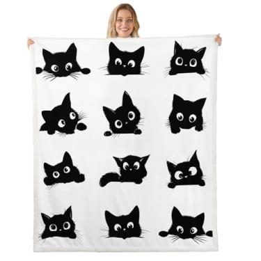 Imagem de Erosebridal Cobertor de lã de gato fofo solteiro 152 x 203 cm para crianças, meninos e meninas (preto e branco) - Manta engraçada de lã de ovelha preta com desenho animado gatinho animal felpudo