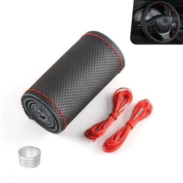 Imagem de Icyfond Capa de volante de couro genuíno, costura no envoltório para volante de até 38 cm de diâmetro, antiderrapante e respirável, costura DIY com linha de agulhas (preto e vermelho)