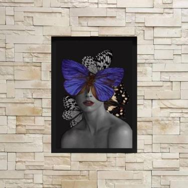 Imagem de Quadro Decorativo Mulher Com Borboleta Azul 34X23Cm Moldura Branca