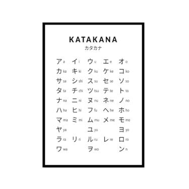 Imagem de Pôster do gráfico do alfabeto japonês Hiragana Katakana preto e branco pintura em tela educação aprender impressões escritório decoração sala de aula (SKU15,40.6x61.0 cm = (40x60cm), moldura preta