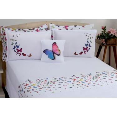 Imagem de Jogo de Lençol Casal Queen, Borboletas Branco, 4 Peças, Micropercal 100% Poliéster, 1,60m x 2,00m