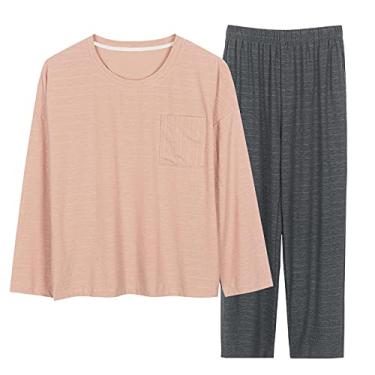 Imagem de 3FLQOOPP Conjunto feminino primavera outono Pyama manga comprida terno duas peças solto casa pijama feminino pijama mujer (laranja 3X)