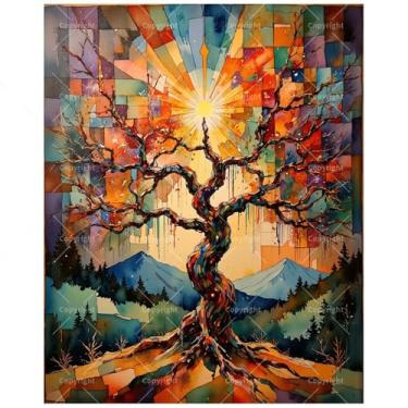 Imagem de Kit de pintura de árvore de vitral por números para adultos - Árvore faça você mesmo com pintura de sol radiante em tela, conjunto de tinta acrílica, adequado para iniciantes, arte exclusiva para