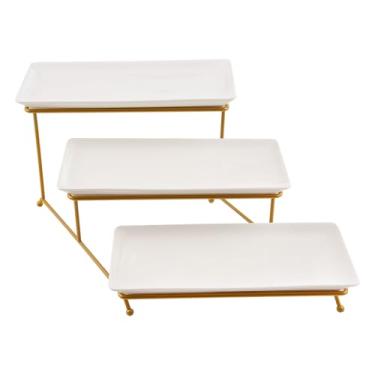 Imagem de Bandejas de Serviço 3 Camadas Prateleiras Desmontáveis para Economia Espaço Suporte Multiuso com Base Aço Carbono Exibição em Festas Alimentos Frutas