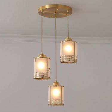 Imagem de Lustre de cobre E27 com cúpula de vidro branco, estilo chinês, com três pendentes para sala de jantar, quarto, escritório, cozinha e ilha.