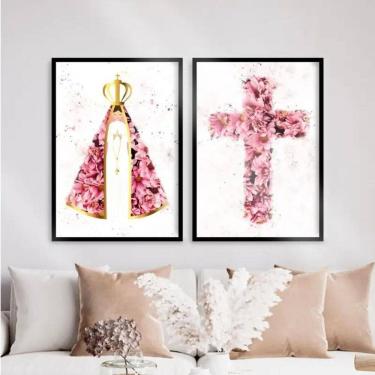 Imagem de Kit 2 Quadros Nossa Senhora E Cruz 24X18Cm - Vidro Preta
