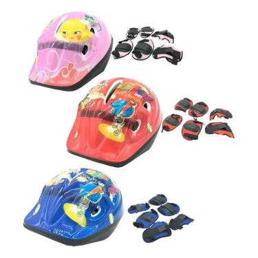 Imagem de Kit Capacete Cotoveleira Joelheira Infantil Bike Skat Vermel