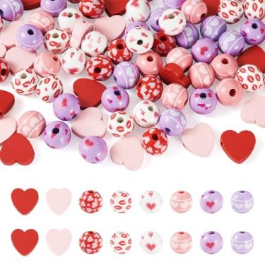 Imagem de Cheriswelry 80 peças contas de madeira do dia dos namorados contas espaçadoras de madeira polida rosa vermelho coração contas soltas 16 mm artesanato de madeira redonda contas rústicas para guirlanda