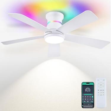 Imagem de Surtime Ventiladores de teto brancos de 117 cm com luzes RGB - Luz de ventilador de teto embutida com LED 3CCT regulável, ventiladores de teto modernos de baixo perfil para festas internas, cobertas