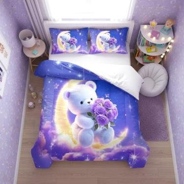 Imagem de QOOMO Jogo de cama casal com urso kawaii, 3 peças, lua e nuvem, estampa de galáxia, para adolescentes, meninos e meninas, com 2 fronhas, macio e leve