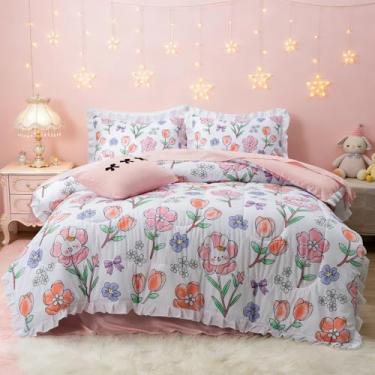 Imagem de Btargot Jogo de cama de 6 peças com babados de coelho floral, para meninas, meninos, crianças, lençol com laço, cama em uma bolsa com edredom, lençóis e fronhas, tamanho casal