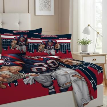 Imagem de Allenjoy Jogo de lençol Houston American Football azul escuro com lençol com elástico, lençol de cima e 2 fronhas para decoração de quarto de homens, meninos, fãs e marido, tamanho casal