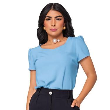Imagem de Blusa Social Feminina Manga Curta Bufante Decote Princesa Crepe Elegan