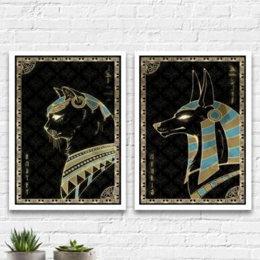 Imagem de Kit 2 Quadros Animais Egípcios 33x24cm Madeira Branca