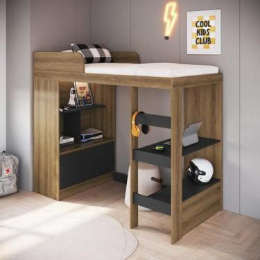 Imagem de Cama Alta Multifuncional Solteiro com Estante e Escrivaninha 80 Amster