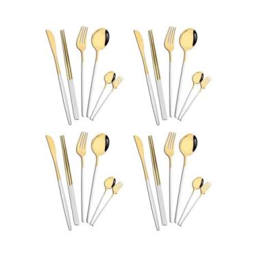 Imagem de Conjunto De Talheres De Aço Inoxidável Dourado 24 Peças: Faca, Garfo, 