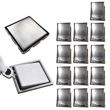 Imagem de Ralo Oculto 15x15 Kit 13 Uni Inivisivel Inox Casa Banheiro Lavabo Varanda Cozinha Resistente Seguro Anti Odor