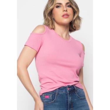 Imagem de Blusa Canelada Manga Curta Ombro Vazado Rosa Salvatore, Rosa, M